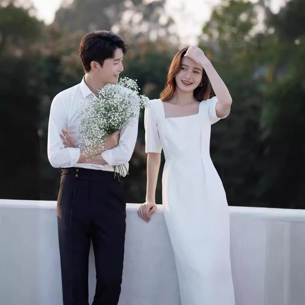 白い証明書登録ライトウェディングドレス婚約ドレスは日常生活で着用できますレトロな白いドレス夏日常