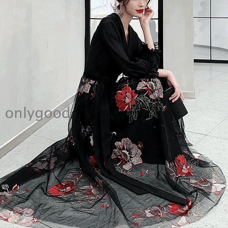 【HLC】おしゃれパーティードレス ドレス カジュアルドレス イブニングドレス ロング Aライン 袖あり 長袖 シースルー シフォン Vネック 花柄