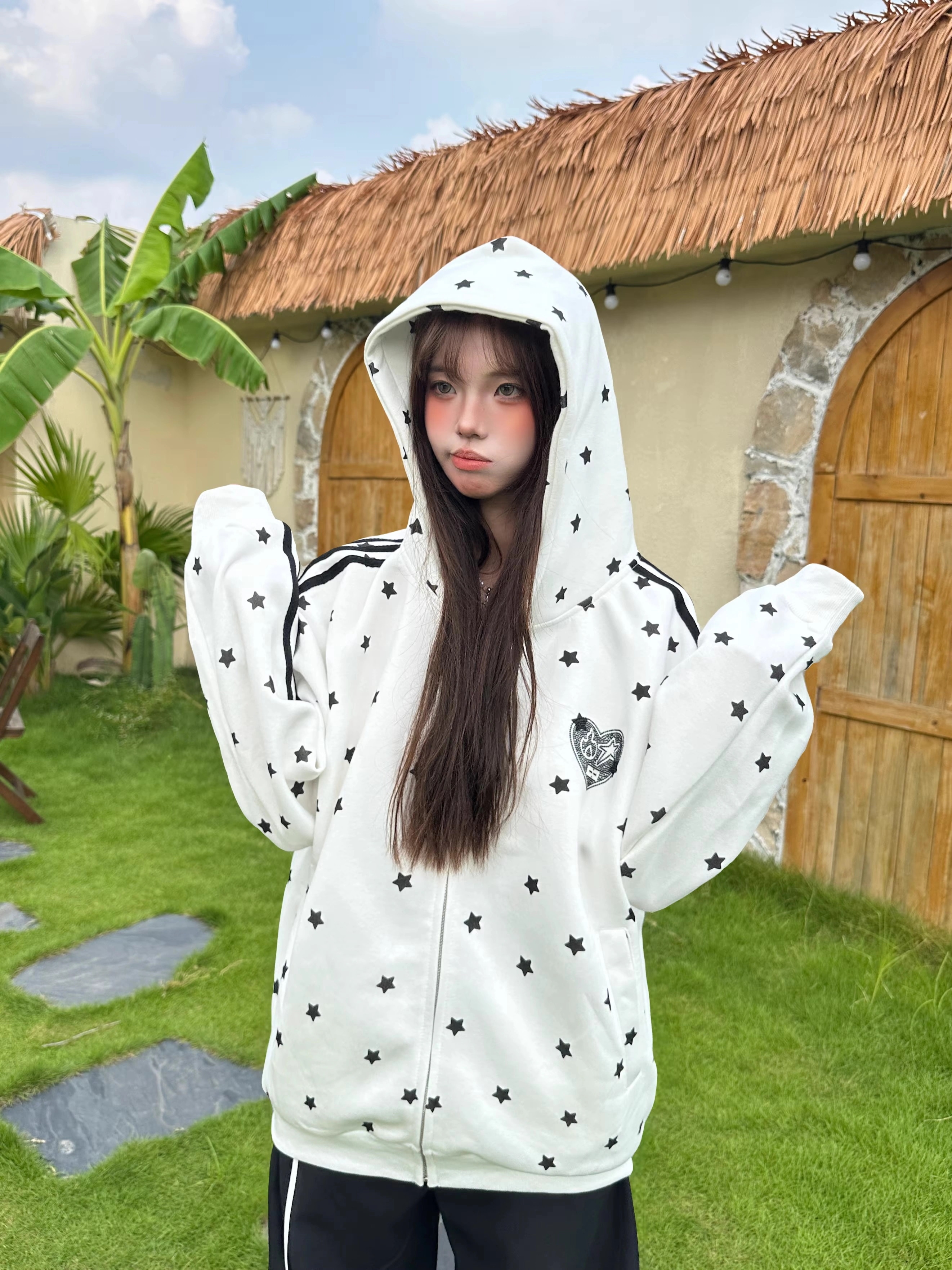 2025 秋冬 トップス フード付きチャック韓国羽織りショート丈フルパーカールーズサイドフーディールーズ柄ボトムス ストレート系冬 ゆったりサイズワイドシルエットレディース リラックススリーブトラック
