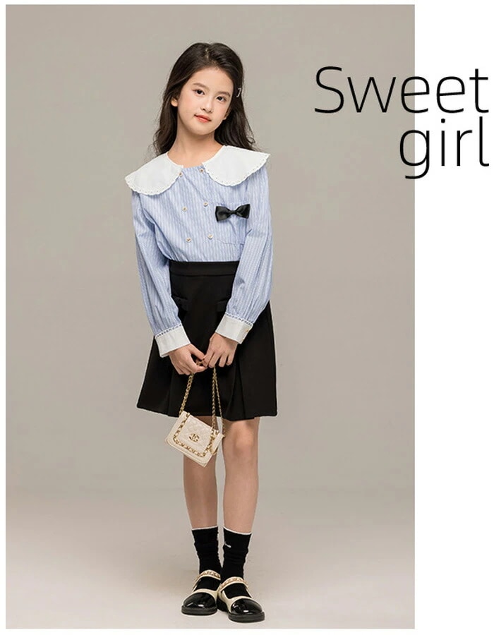 子供服 女の子 フォーマル 2点セット 卒業式 入学式 発表会 七五三 セットアップ キッズ 長袖 シャツ ストライプ柄 ブラウス 黒スカート おしゃれ 誕生日 成人式 同窓会 お姫様 春服 秋服 韓