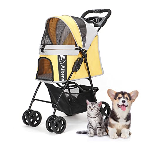 ペットカート 折りたたみ 犬用ベビーカー 猫バギー 前輪360回転 後輪ブレーキ付 多機能 小型犬 中型犬 猫 散歩 外出 飛び出し防止 軽量 ワンタッチ開閉 組み立て簡単 耐荷重15KG (イエロー