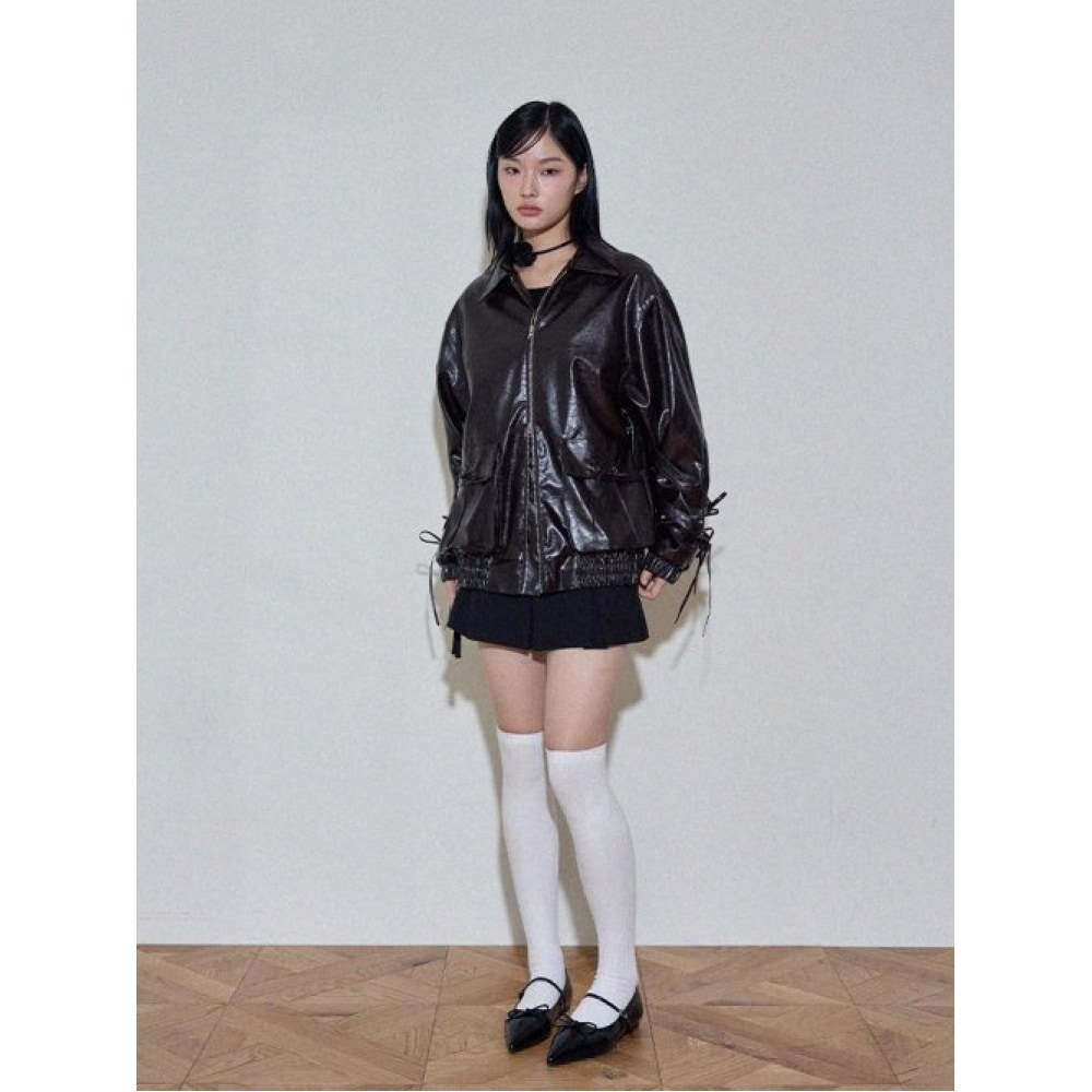ITOV ソウルリボンオーバーフィットレザージャケットブラ