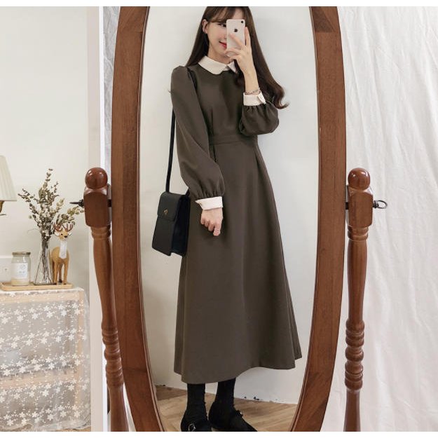 ロング フレア 丸襟 ハイウエスト ガーリー 大人可愛い レトロ