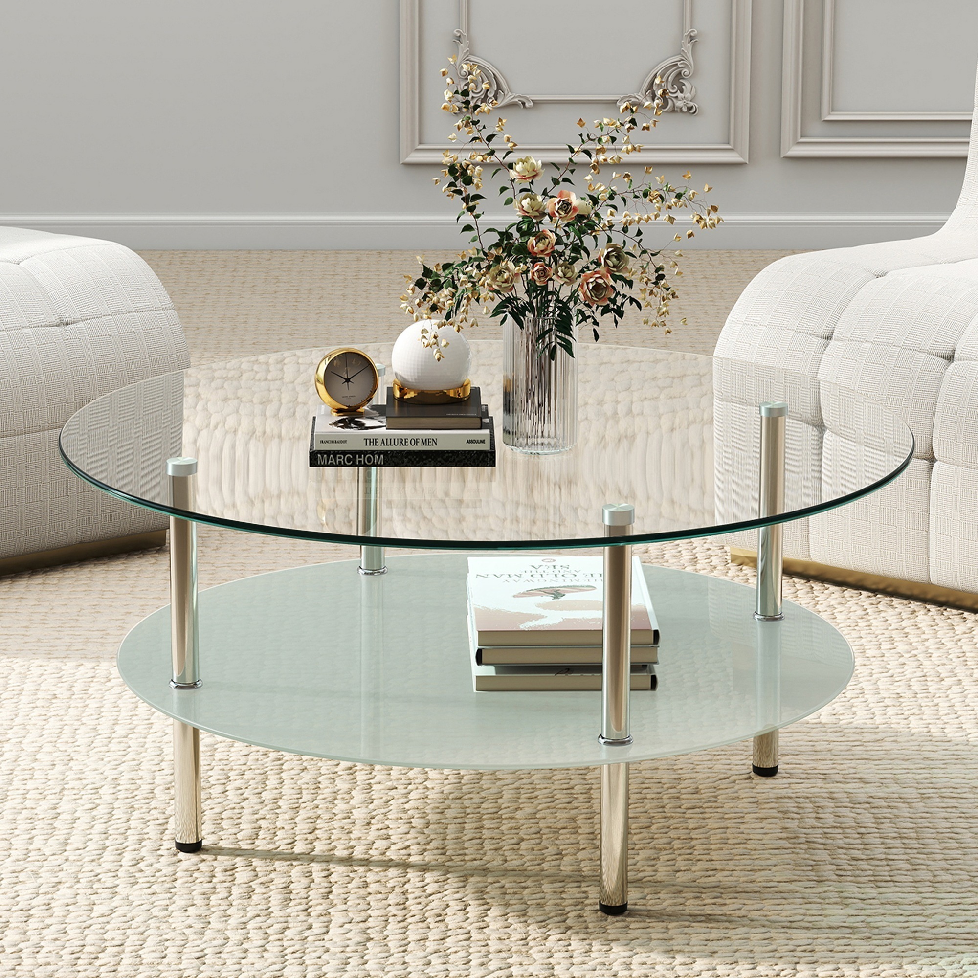 【国内発送 無-送料】681二段ラウンドコーヒーテーブル 強化ガラス天板+型くずれガラス収納棚 ミニマリストデザイン リビング専用 クリア