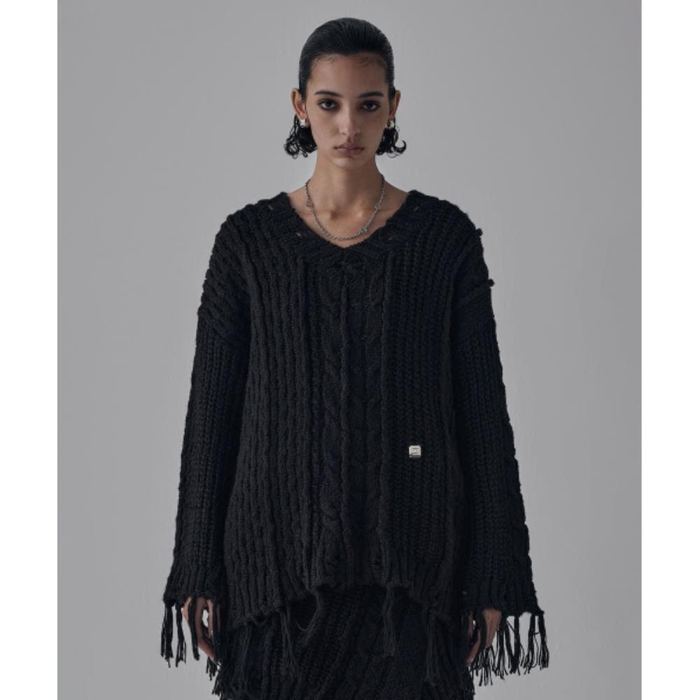 TREEMINGBIRD Wool Damage Tassel Knit SetUp Pullover Bla