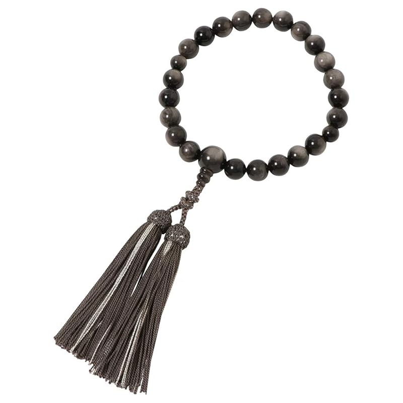 喜芳工房 京念珠 数珠 男性用 メンズ 銀黒曜石（シルバーオプシディアン）22玉 正絹2色房 すべての宗派対応 桐箱入 証明書付