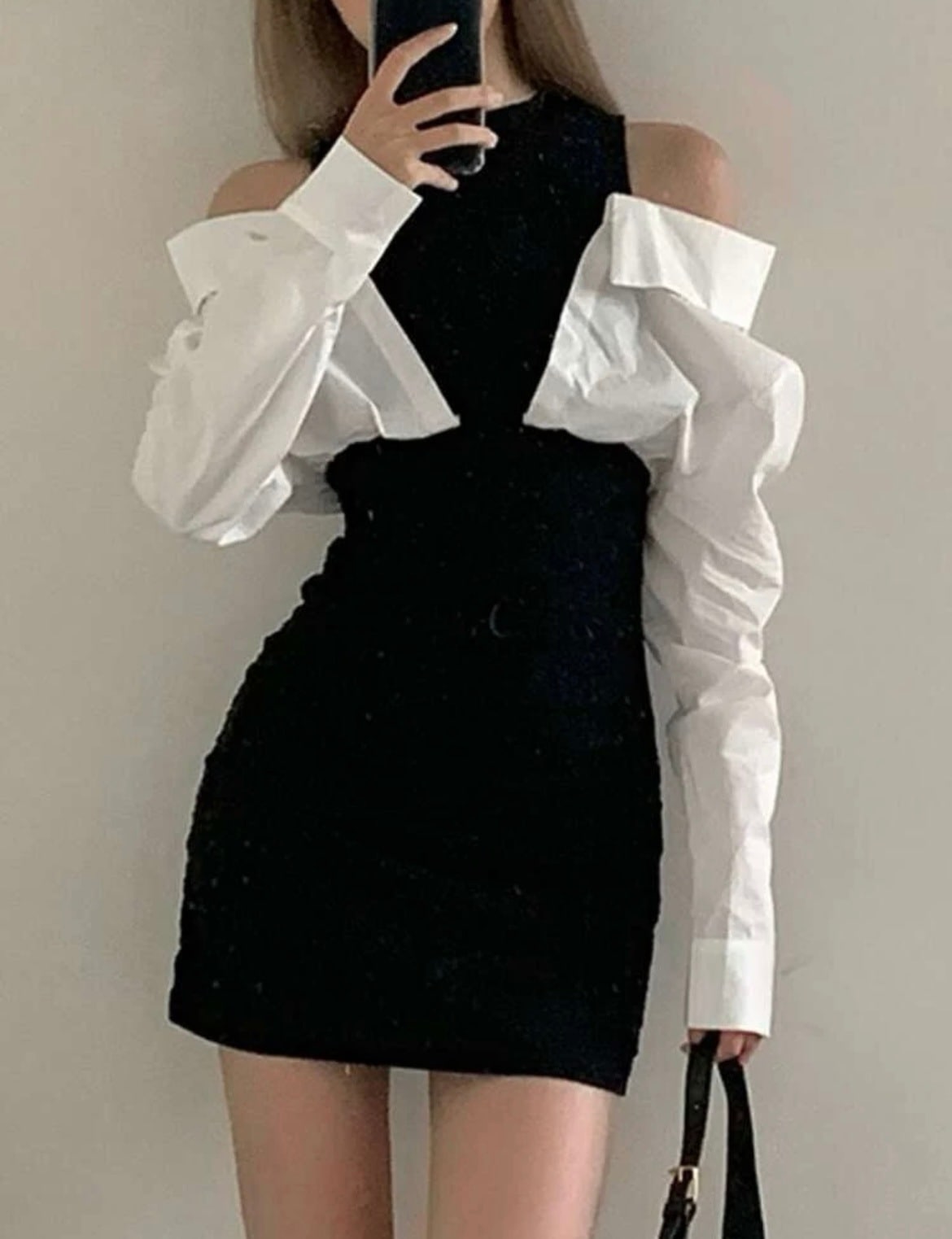 モノクロ　オープンショルダー　ミニ　シャツ　ワンピース