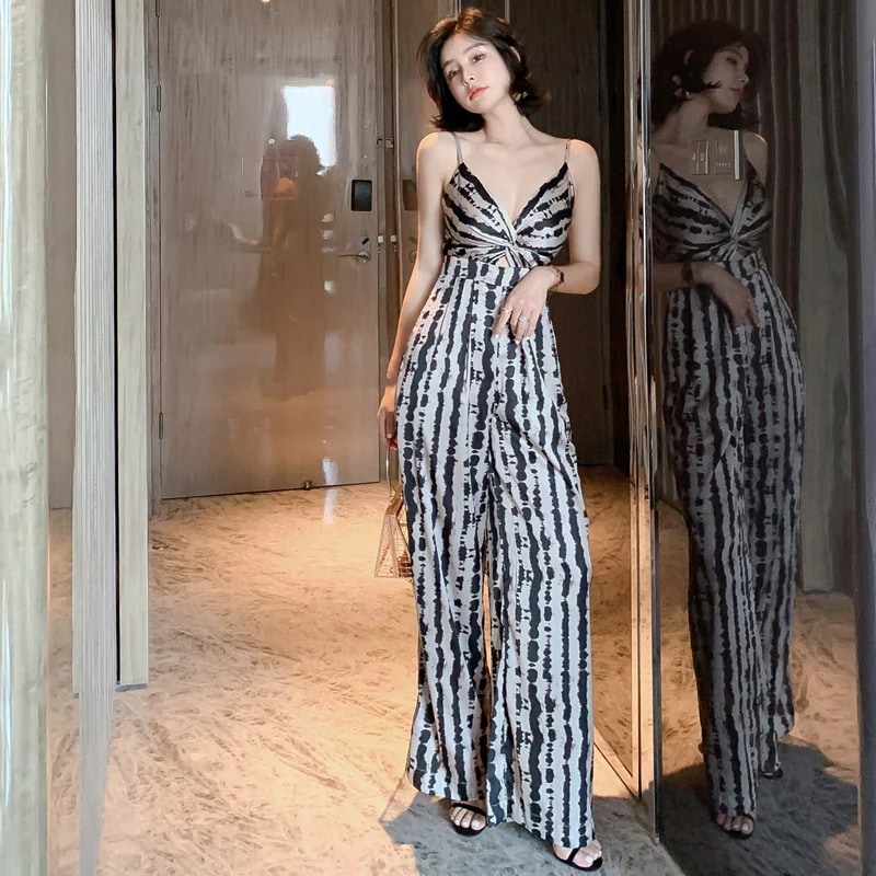 サロペット オールインワン セクシー Vネック ヒョウ柄 ドレープ感 ワイドパンツ 脚 長効果 ハイウェスト ジョガーパンツ 4,572円