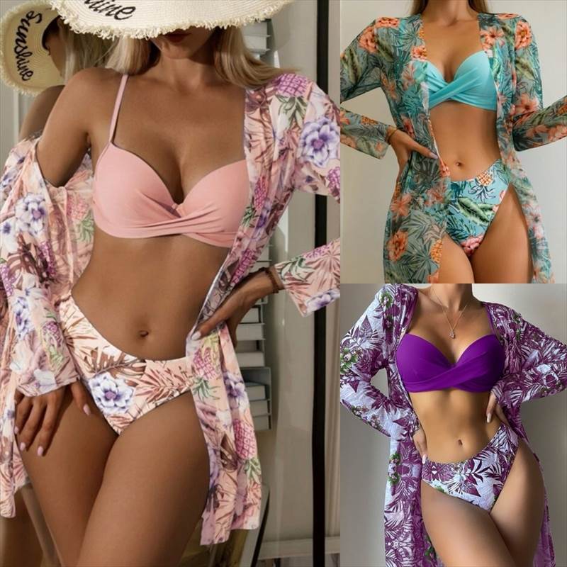 7色 ブラジリアン ビキニ 水着 レディース 体型カバー シャツ 羽織 3点セット 花柄 ボタニカル フラワー ハワイ トロピカル バイカラー ワイヤー入り 紐ビキニ 三角ビキニ 個性的 長袖 ラッシ