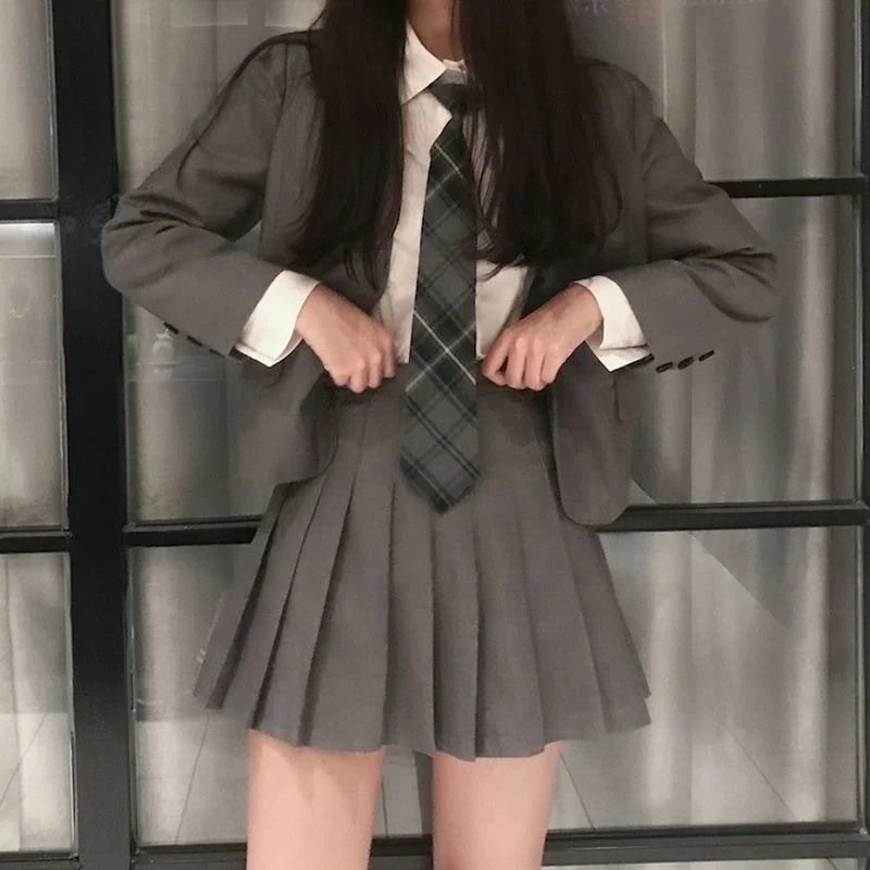 スーツ 韓国 復古学院風ネクタイシャツスーツ+プリーツスカート制服 3点セットコート+シャツ+スカート
