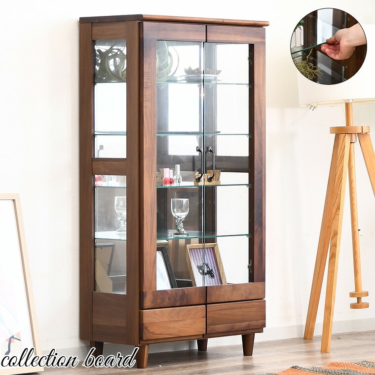コレクションボード ガラス コレクションケース コレクションラック ショーケース ガラスケース 展示ケース 薄型 フィギアケース 60cm 棚 木製 ウォールナット無垢 ハイタイプ