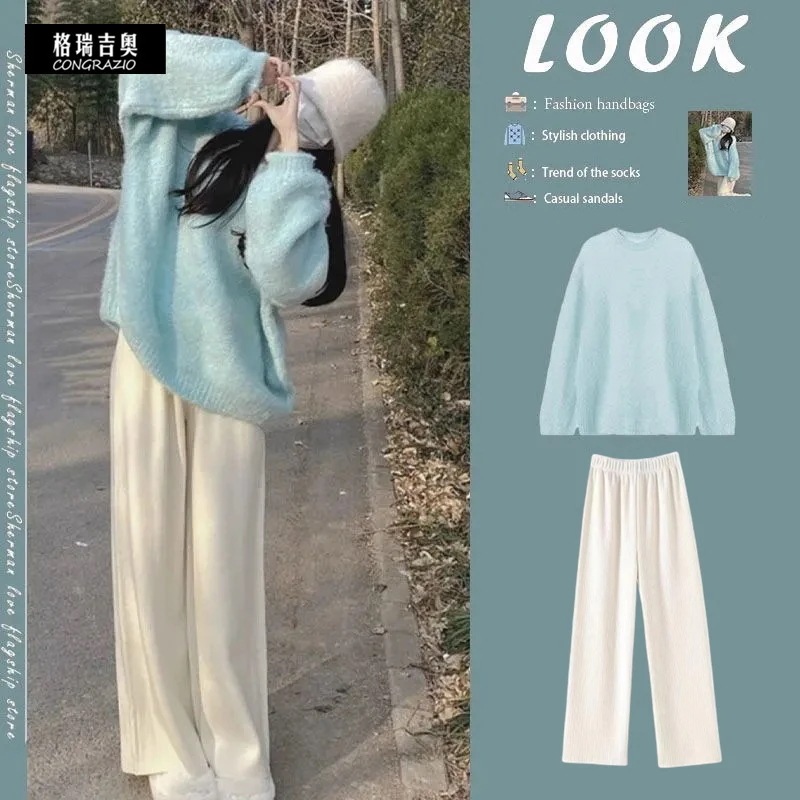 セットアップ 韓国 レディース セットアップ セットアップ 春の新作コーデ 春 ラウンドネックニット＆ワイドパンツ スウェット セットアップ ルーズシルエット セットアップ ソフトタッチ 2点セット 5,187円
