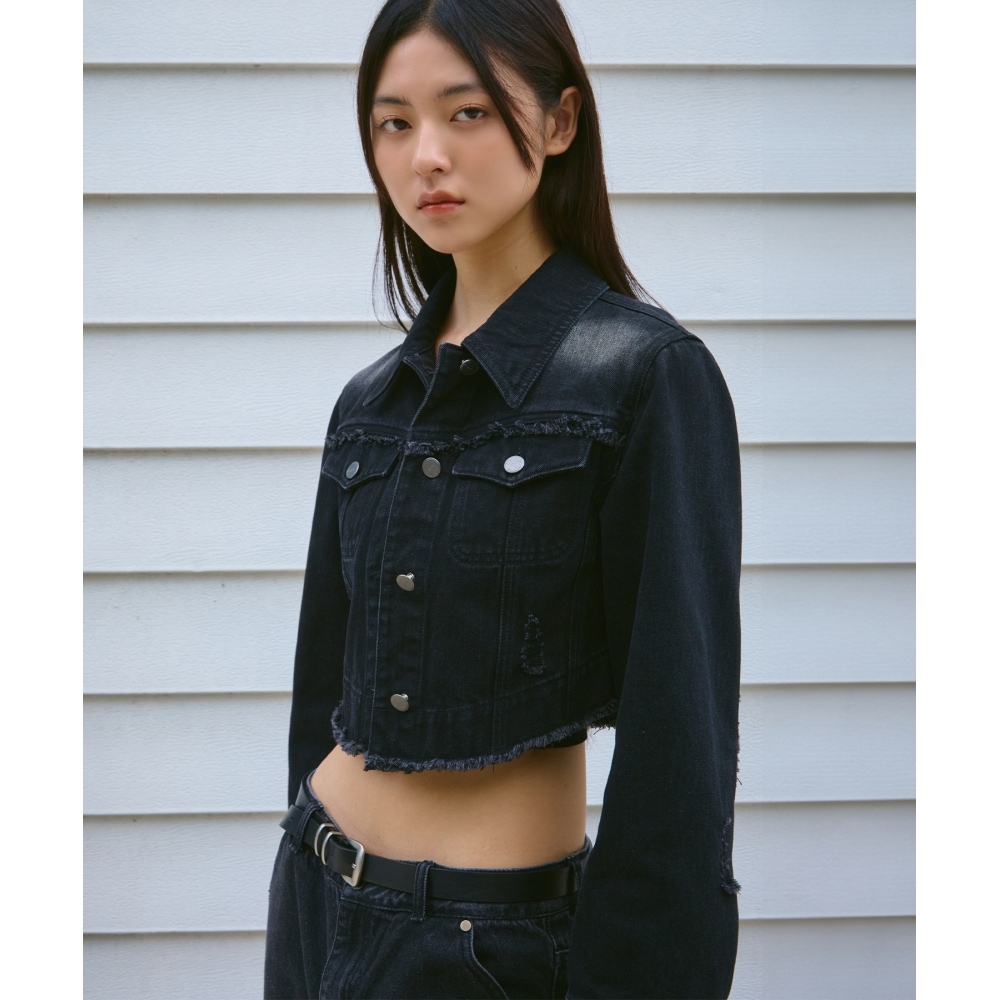 FALLETTダメージデニムクロップジャケットブラック