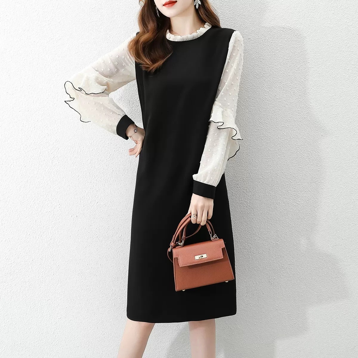 シフォン フリル ブラウス ドッキングワンピ ワンピース 袖あり 長袖 ストレート シフォン フリル かわいい 可愛い きれいめ シンプル 上品 おしゃれ お洒落 レトロ 可愛い