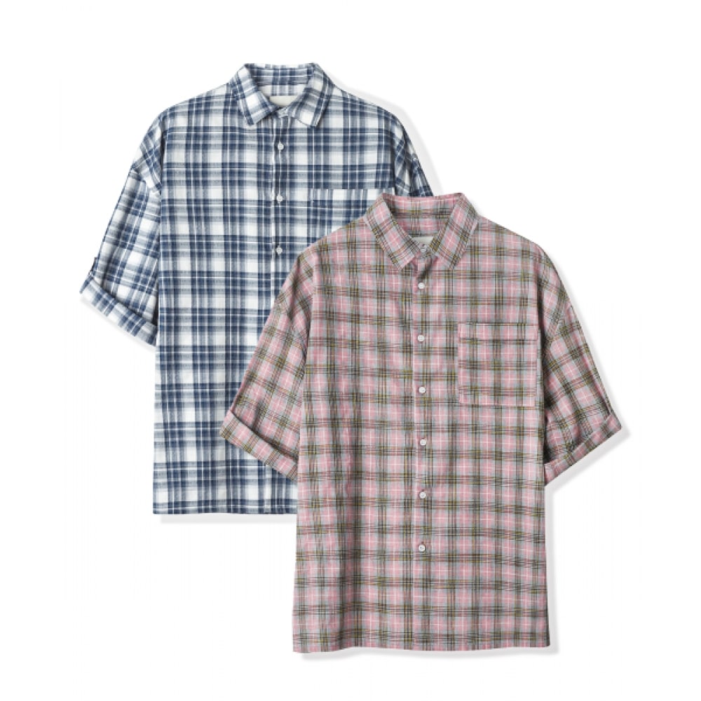 アヴァンドレススレンチェックオーバーフィットロールアップシャツ-2COL