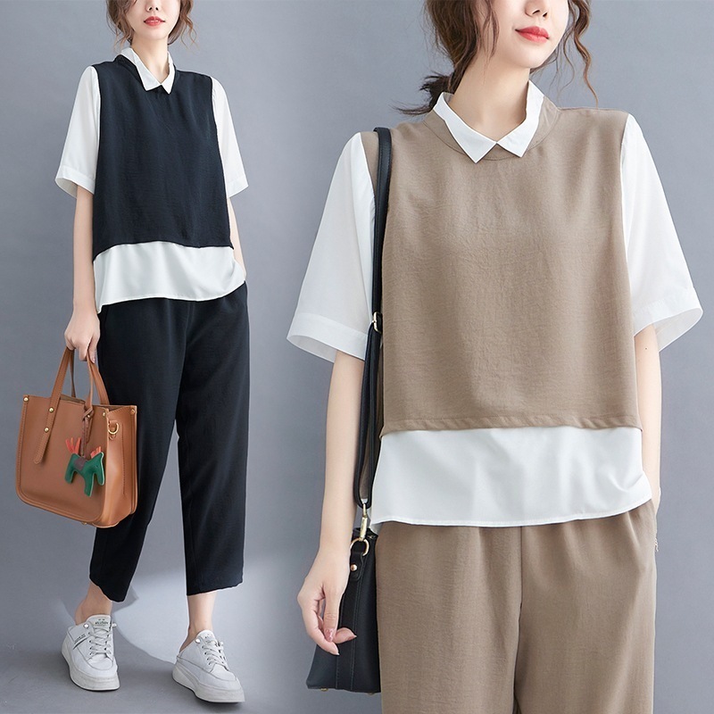 セットアップ トップス ボトムス 重ね着風 ブラウス 襟付き パンツ ジョガーパンツ イージーパンツ クロップド丈 アンクル丈 7分丈 ハイネック 長袖 ドロップショルダー スリット ウエストゴム