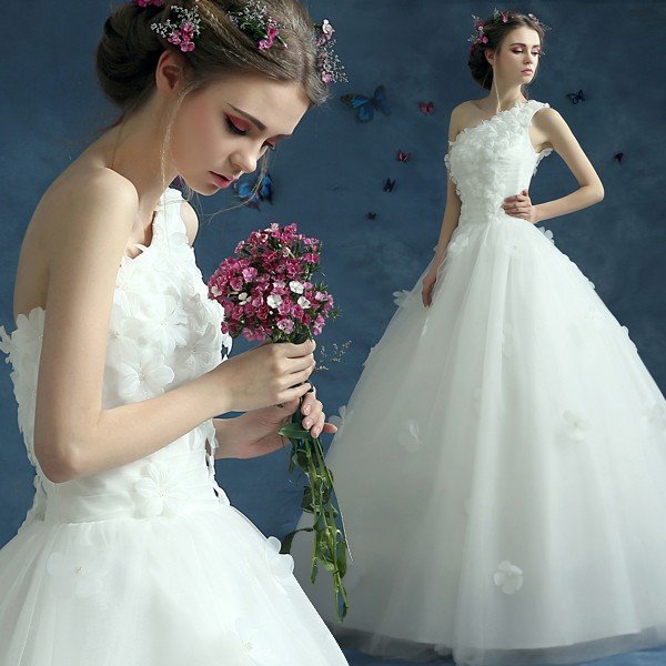 ウエディングドレス エンパイア 二次会 ウェディングドレス 安い 結婚式 プリンセス 花嫁 ドレス 披露宴 ロングドレス ブライダル 白 ワンショルダー