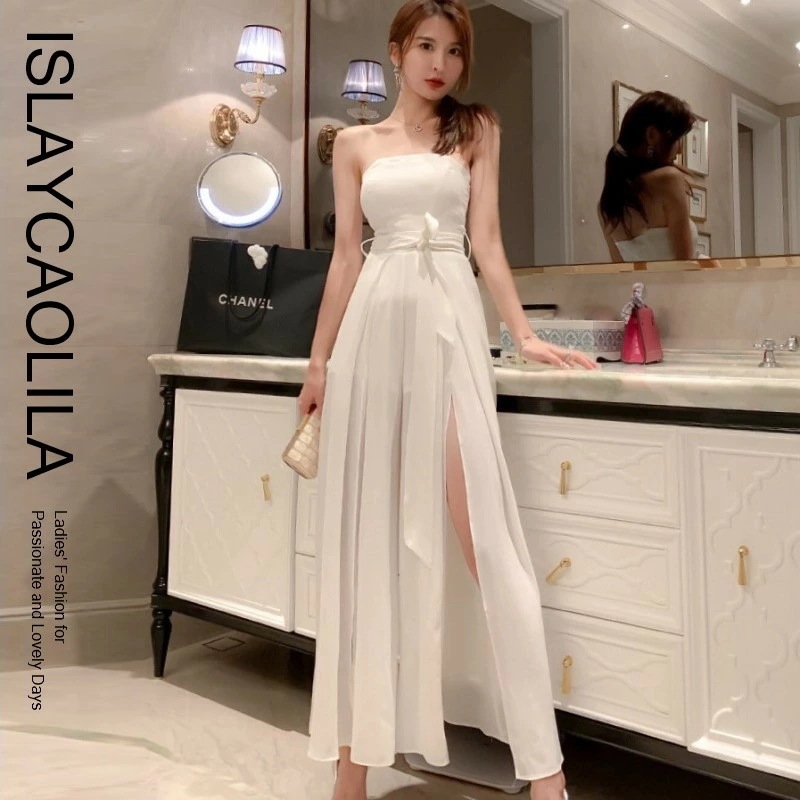 ロング ワンピース ベアトップ フレア マキシ イブニングドレス オフショルダー ノースリーブ ウエストマーク レディース 5,113円