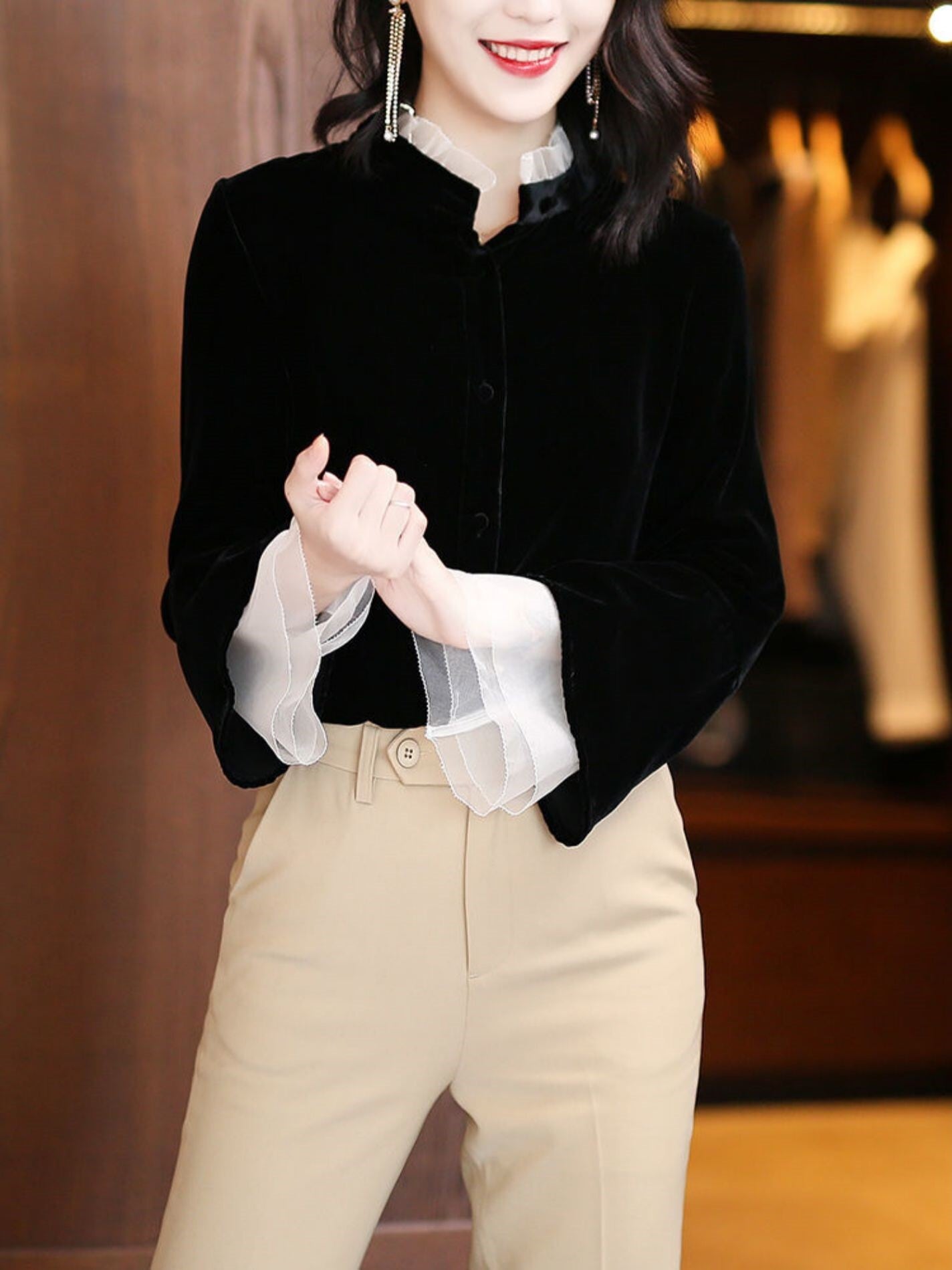 トップス シャツ ブラウス レイヤードデザイン レイヤード 長袖 スタンドカラー フリル 切り替えデザイン 前開き ベロア 大人可愛い きれいめ シンプル カジュアル 大人 上品 おしゃれ お洒落