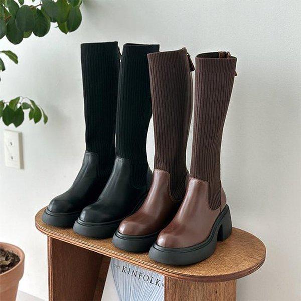 女性 デイリー ニット プラットフォーム ロングブーツ 2color
