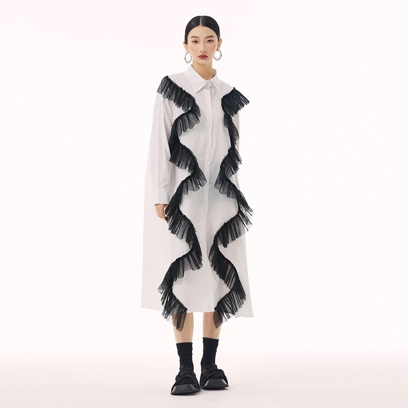 欧米レトロ風パッチワークチュール長袖シャツワンピース女性用春新作ゆったりカジュアル万能ロングドレス