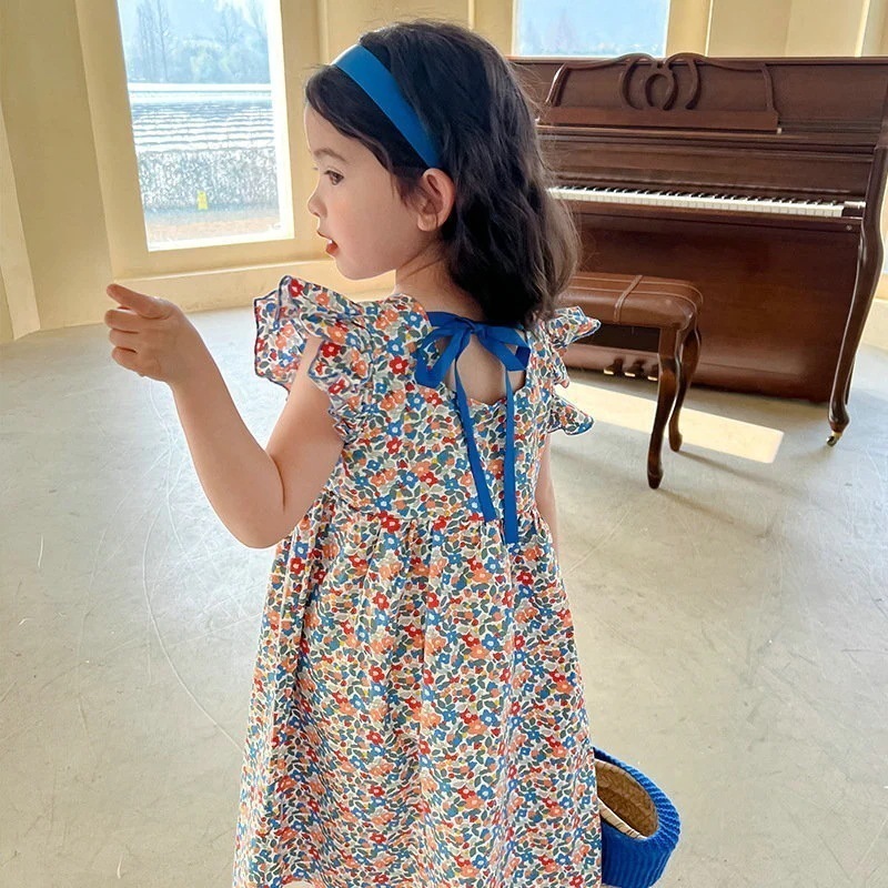 ワンピース キッズ 女の子 スカートシングルブレスト 小花 柄飛袖 ワンピース 夏服新型 子供服 韓国