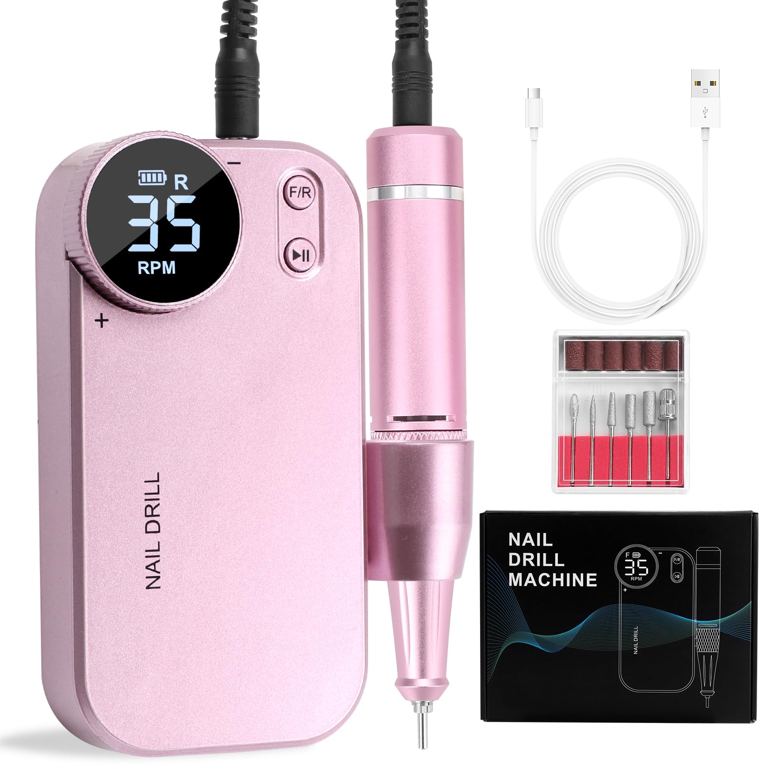 Snowtaros 電動ネイルマシン 充電式 4500mAh 可10時間連続作業 LCD画面 電動ネイルケアキット0-35000RPM 正/反回転切り替え ネイルドリル 6本のビット 6個サンディング