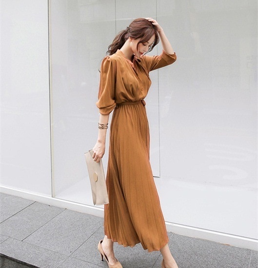 ワンピース シャツ プリーツスカート ミモレ ミモレ丈 ロング ロング丈 7分丈 袖あり 長袖 襟付き プリーツ シフォン ウエストリボン かわいい 大人可愛い きれいめ シンプル 大人 上品