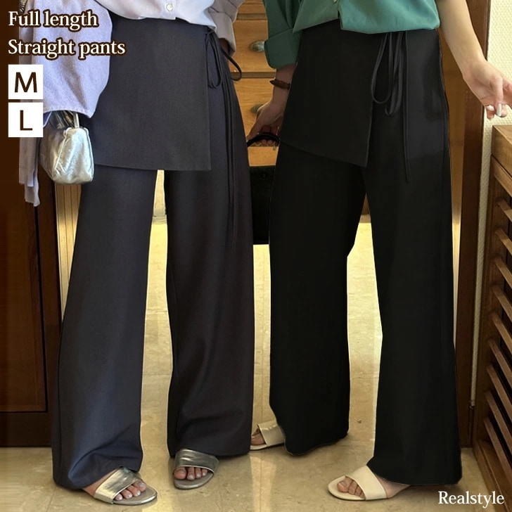ラップスカート付きサイドリボンフルレングスストレートパンツ レディース ボトムス スカートパンツ ワイドパンツ 韓国ファッション 春 夏 秋 冬 ハイウエスト きれいめ 美脚 おしゃれ