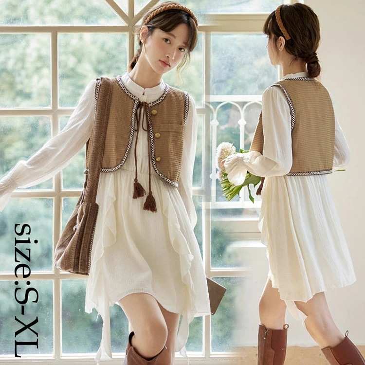 レディース セットアップ ワンピースセット ベスト+ワンピース オシャレ ファッション お洒落 シャツワンピース 膝丈ワンピース ゆったり 着痩せ 長袖 20代 30代 40代 きれいめ 2点セット