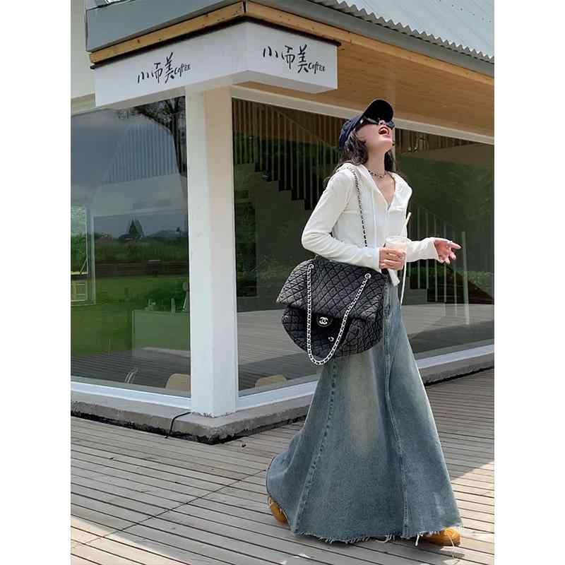 デニムスカート マーメイド ロング フレア レディース 韓国 タッセル ロー エッジ ハイウエスト スリム フィッシュ テール ブルー
