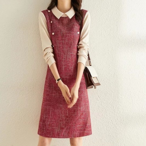 レトロワンピース ワンピース ワンピース シャツ ひざ丈 袖あり 長袖 襟付き ストレート Iライン