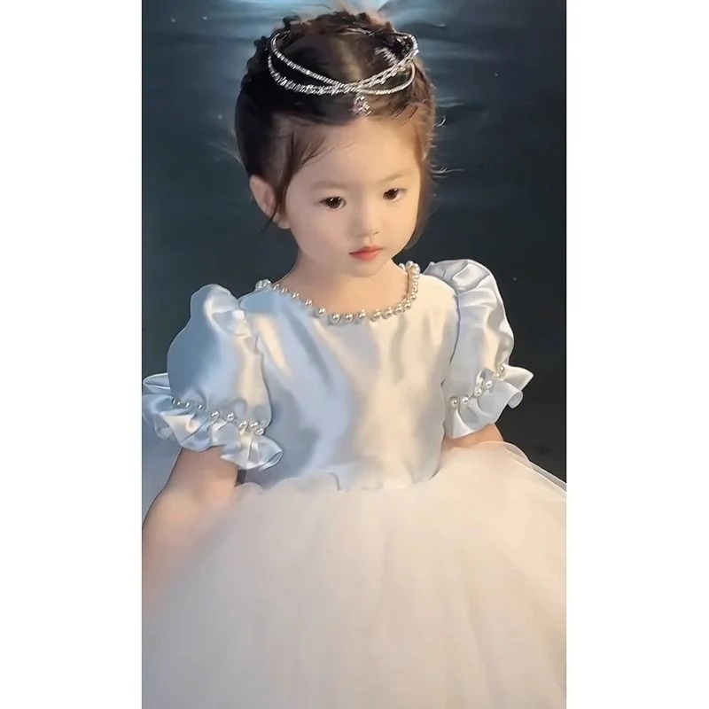 ブルーベビーガールドレスプリンセススカートピアノ演奏女の子誕生日フラワーガールチュチュスカート1歳リボンスイート