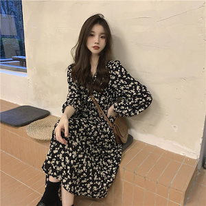 かわいい花柄ドレスレトロAラインスカートファッション女性のロングドレスクラシックマキシ丈ワンピース