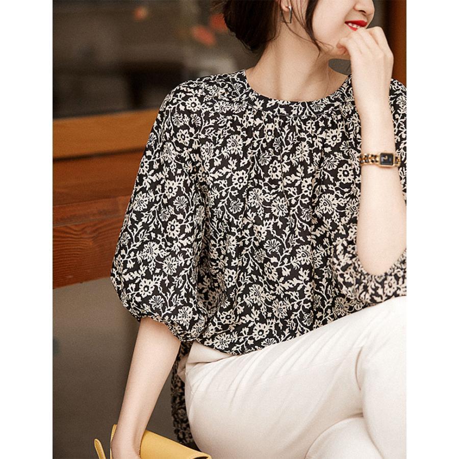 夏新作ブラウス レディース 春夏 シフォン 総柄 クルーネック 長袖 韓国風 白シャツ フォーマル トップス 大人 通勤 きれいめ カジュアル おしゃれ 30代 40代 50