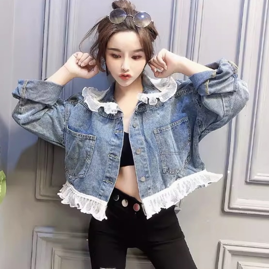 アウター ジャケット 上着 レディース 長袖 襟付き ワイド レース フリル ポケット 前開き ボタン デニム 異素材ミックス かわいい 大人可愛い きれいめ シンプル カジュアル 上品 おしゃれ