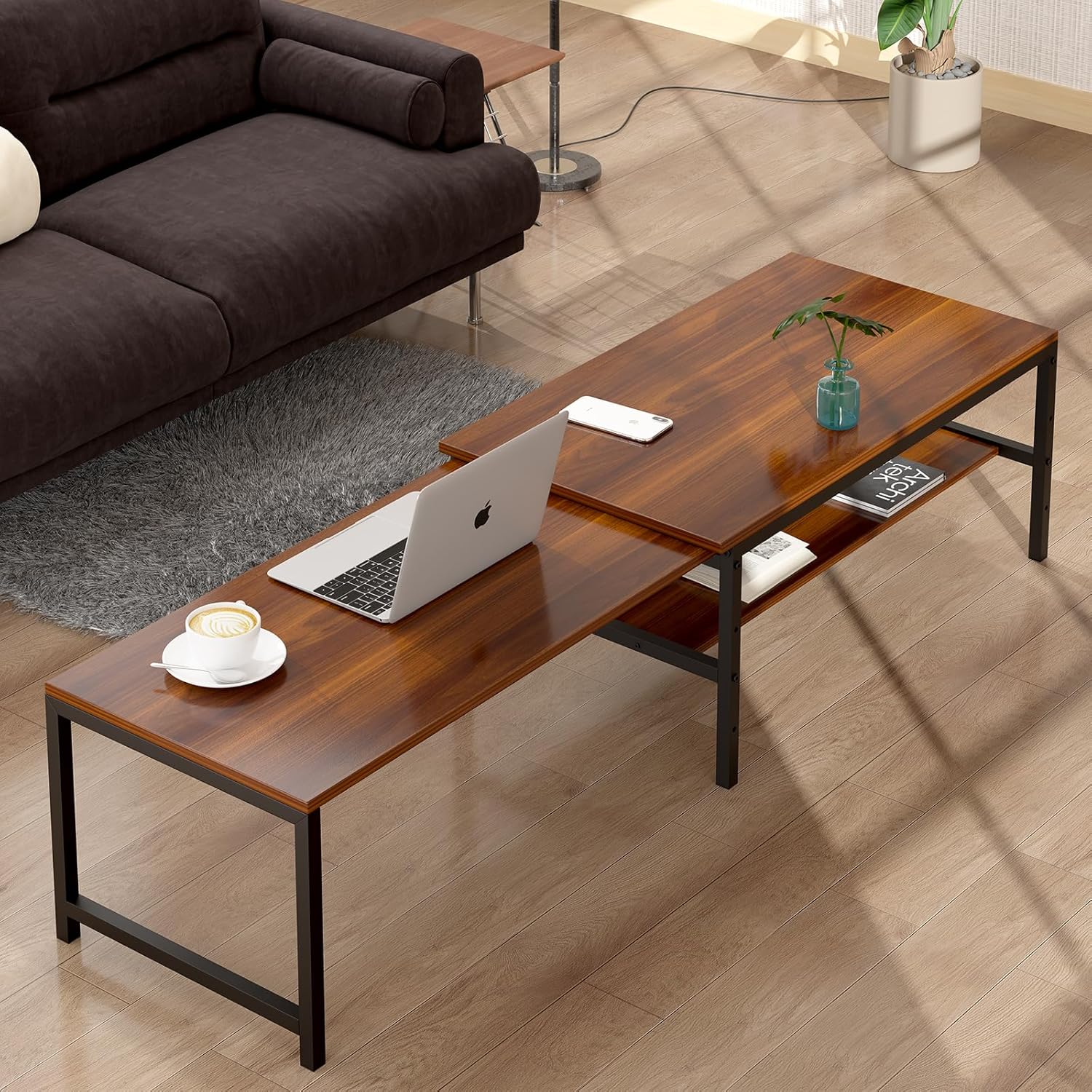 LunarLight ローテーブル 幅伸縮80-140奥行45高さ35cm 無段階で調整できる伸縮ローテーブル センターテーブル リビング 机 座卓 コンパクトデザイン 収納棚板の高さ可動式