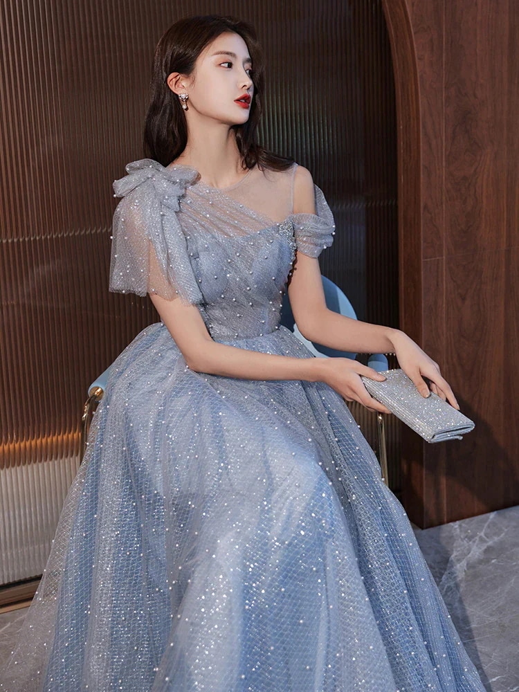 【限定販売】お呼ばれドレス ブルー イブニングドレス ドレス 女性 ハイエンド 軽奢華 ニッチ 高級感 司会者 フレンチ 軽ウェディングドレス 年次総会