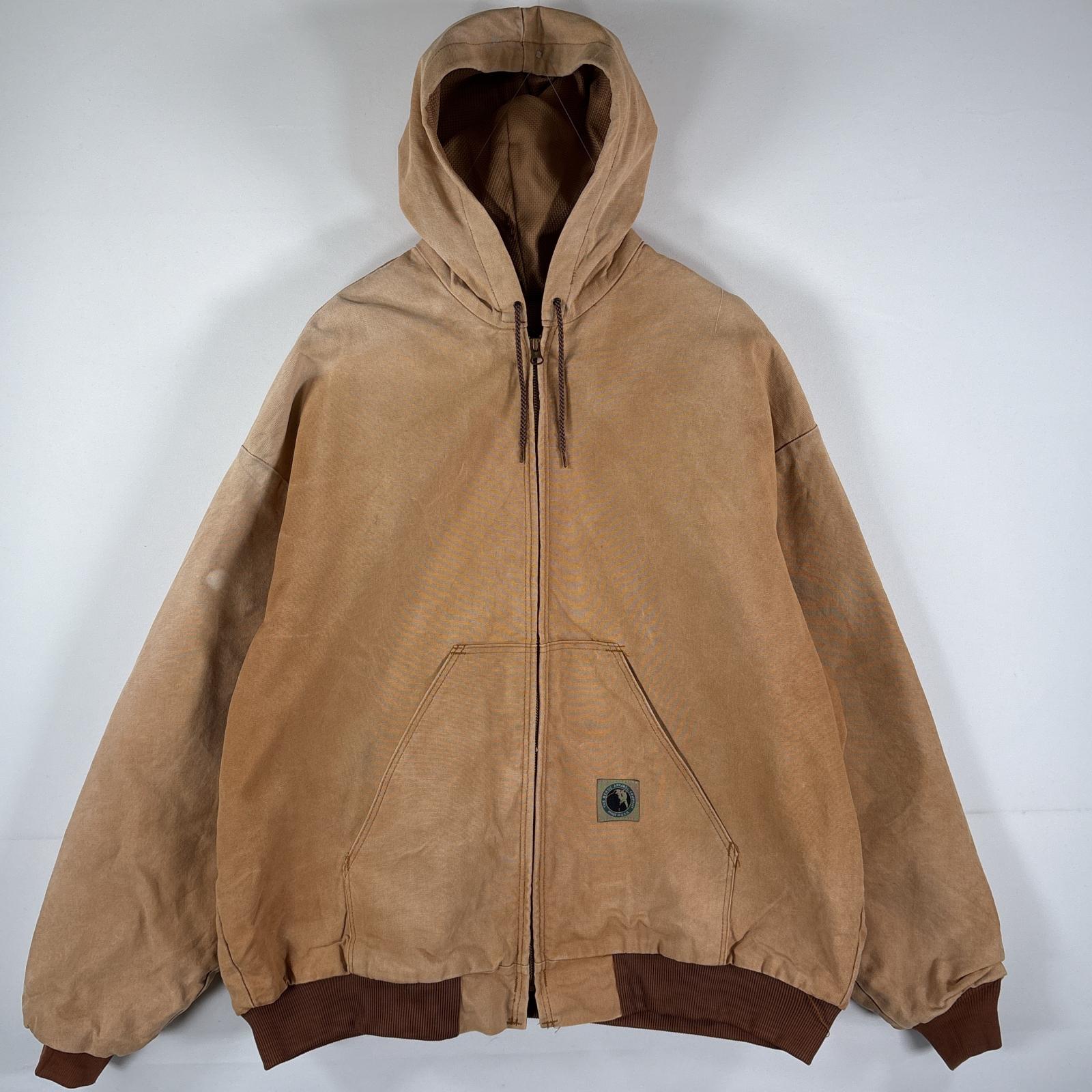 古着 BERCO WEAR USA製 ダック ワークジャケット アクティブジャケット風 フード付き ワンポイントロゴ 裏地メッシュ キャメル メンズ