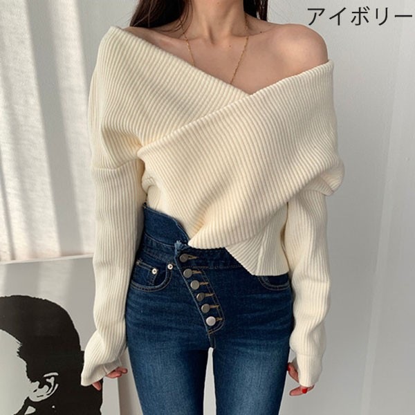 トップスニットオフショルニット Vネックセーター 大人 長袖 春秋風 レースアップ ニットセーター オフショルダー ショート丈 可愛い ドロップショルダー フェミニン レディース 肩出し リブニット