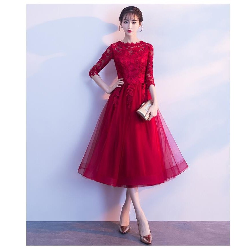 パーティードレス ミモレ丈ドレス ウエディングドレス レース 袖あり aラインワンピース 結婚式 披