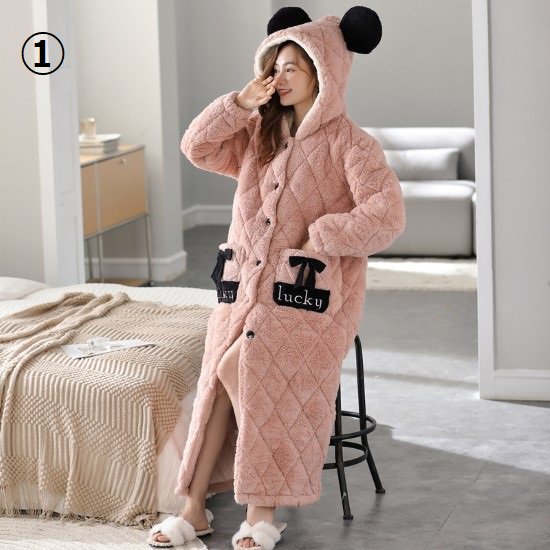 【取寄：納期2週間】ルームウェア レディース ナイトガウン ナイトウェア 厚手 暖かい 秋冬 フリース キルティング ポケット フード付き 可愛い フロントボタン リラックス カジュアル おうち服