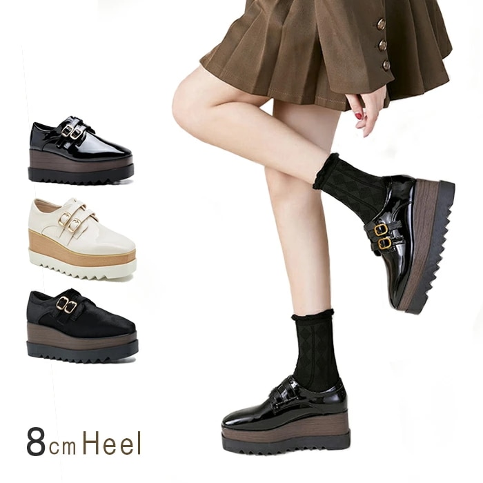 ビットローファー 厚底 スニーカー エナメル/スエード レディース 靴 厚底ローファー PU 美脚 8cmヒール 歩きやすい 疲れない 痛くない ウェッジソール ストラップシューズ シンプル おじ