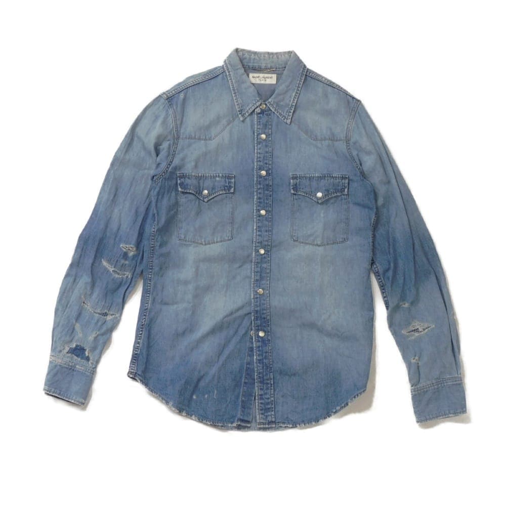 【中古】SAINT LAURENT PARIS 長袖シャツ S クラッシュ加工 16SS エディ期 ウエスタン デニム シャツ 417374 Y890L