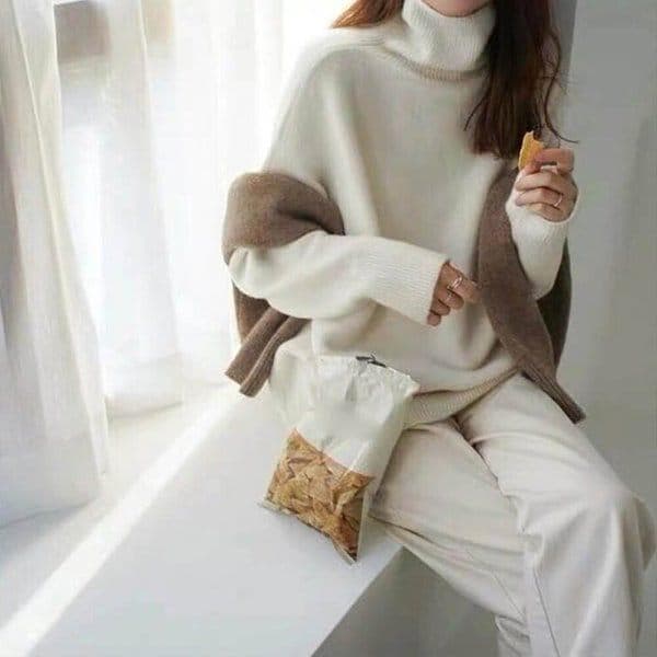 女子カジュアル暖かタートルネックニットネックスウェッター LDW-KN-SSIS597-アイボリー