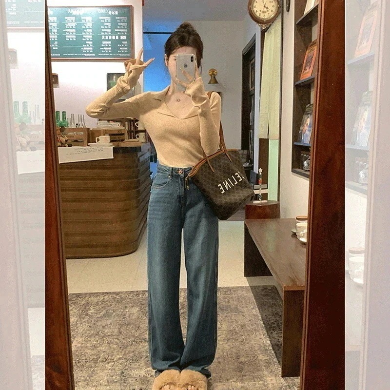 人気なリブ ニットウェア 秋冬に着たい ポロ襟ニット アンダーウェア Vネック ニッチデザイン 着痩せ セーター 長袖 トップス