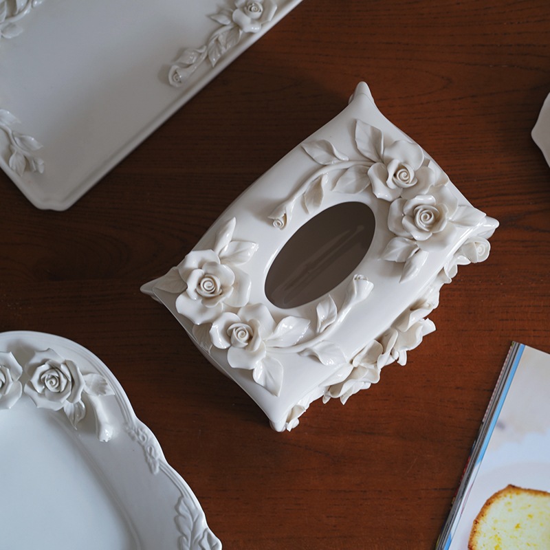 咲く花ヨーロッパスタイルの手摘みローズセラミック高級セラミックナプキンボックスホームデコレーションティッシュボックス