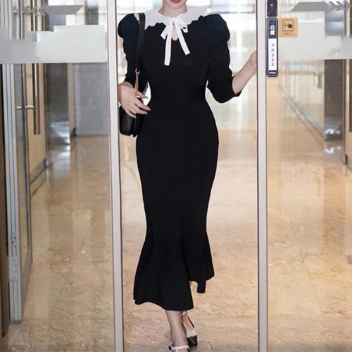 6月の新製品期間限定オファー 品ワンピース レース フリル 韓国ファッション 無地 ラウンドネック 秋 冬 長袖 ロング丈 おしゃれ 可愛い オルチャン 英国風 レトロ リボン バイカラー レトロ ヴ