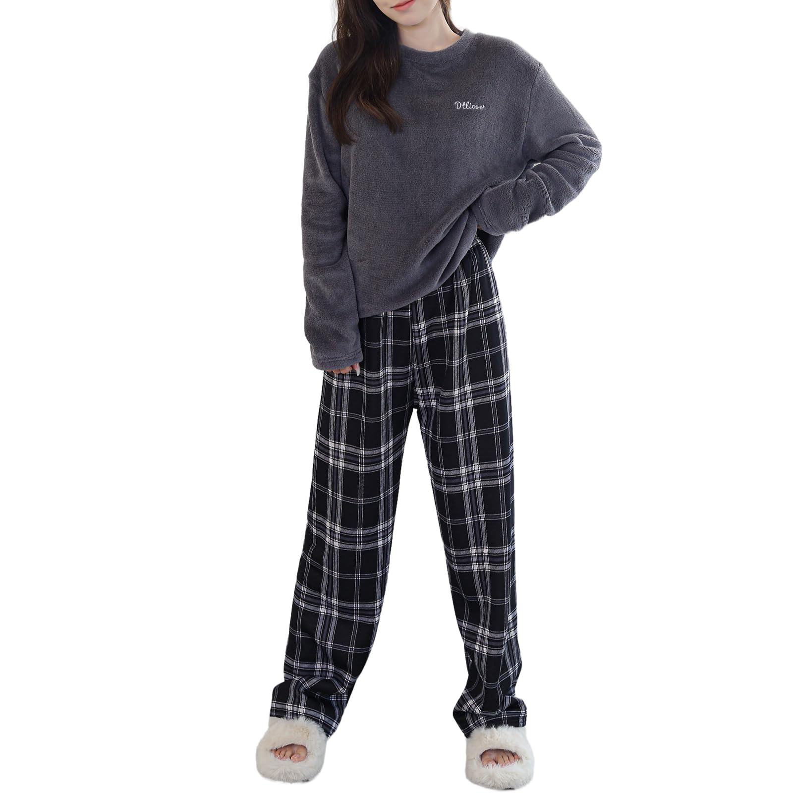 [HuuMeNEIDOO] パジャマ レディース 上下セットアップ ルームウェア 2点セット もこもこ トップス チェック柄 裏起毛 ロンクパンツ 体型カバー ゆったり 暖かい あったか 寝間着 部屋 4,655円