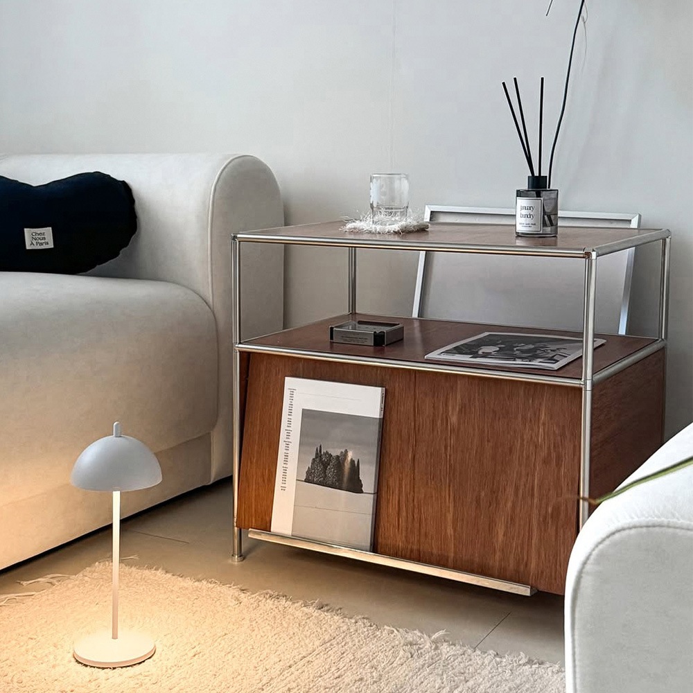 クラシックウッディスライディングマガジンラック 韓国インテリア 収納 雑誌 LP 本棚 ブラウン ラワン ステンレス 60.5×40.5×56cm